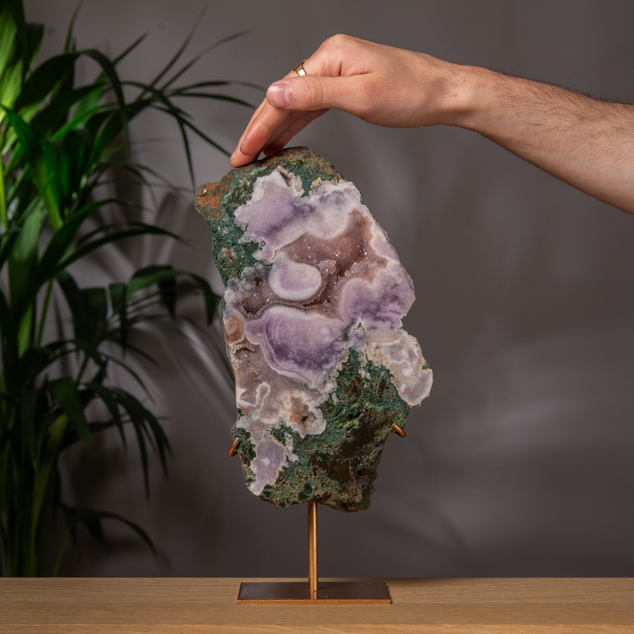 Pink Amethyst Freeform Slab on Gold Stand