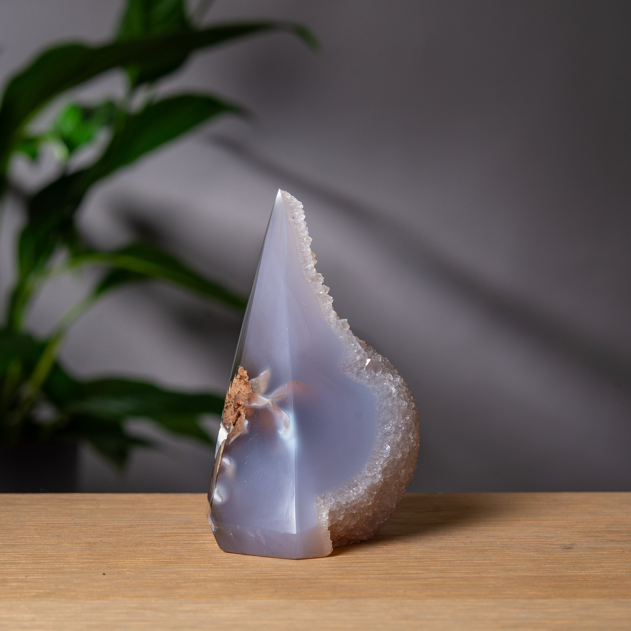 Diamond-Shaped Grey Agate Tower with Druzy Formation