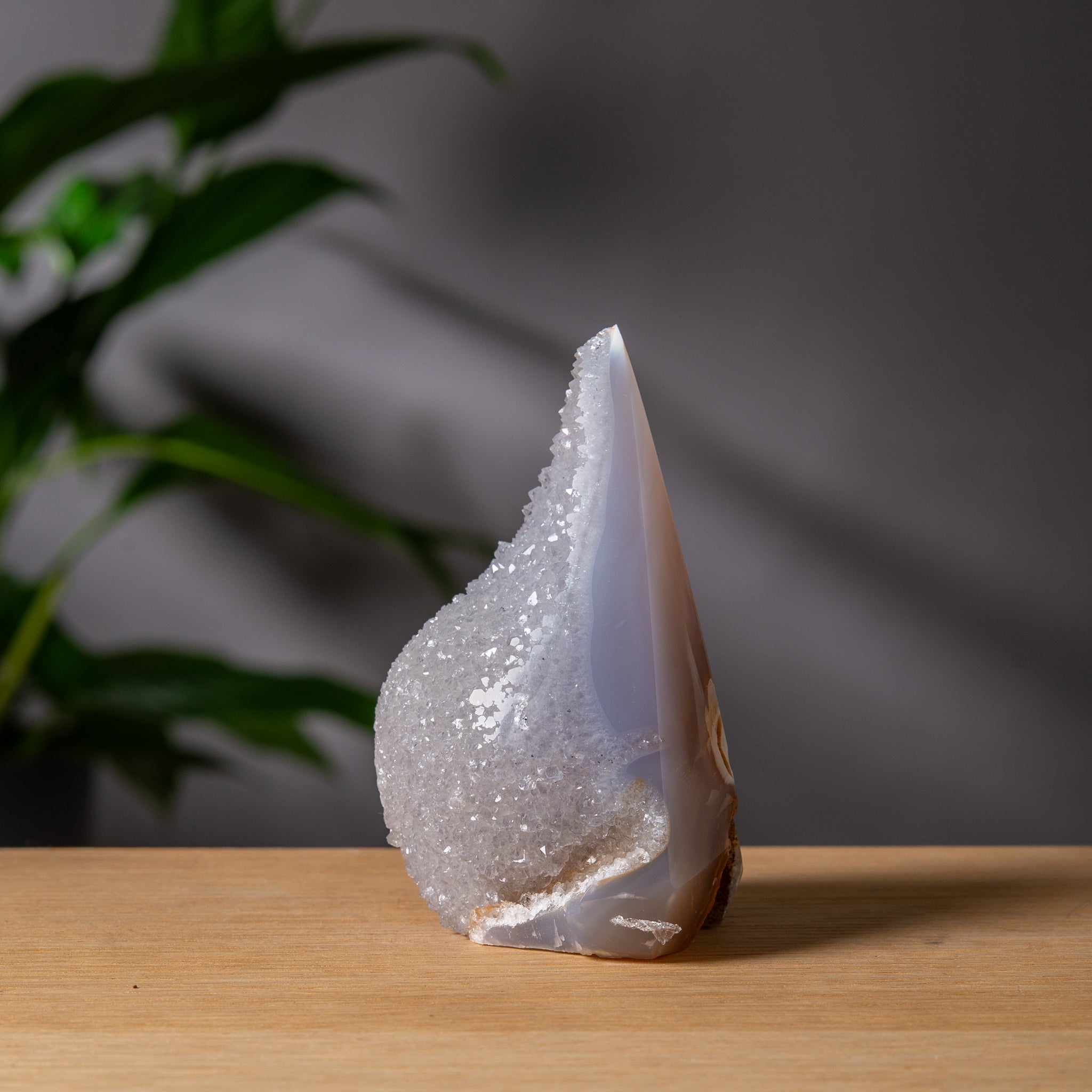 Diamond-Shaped Grey Agate Tower with Druzy Formation