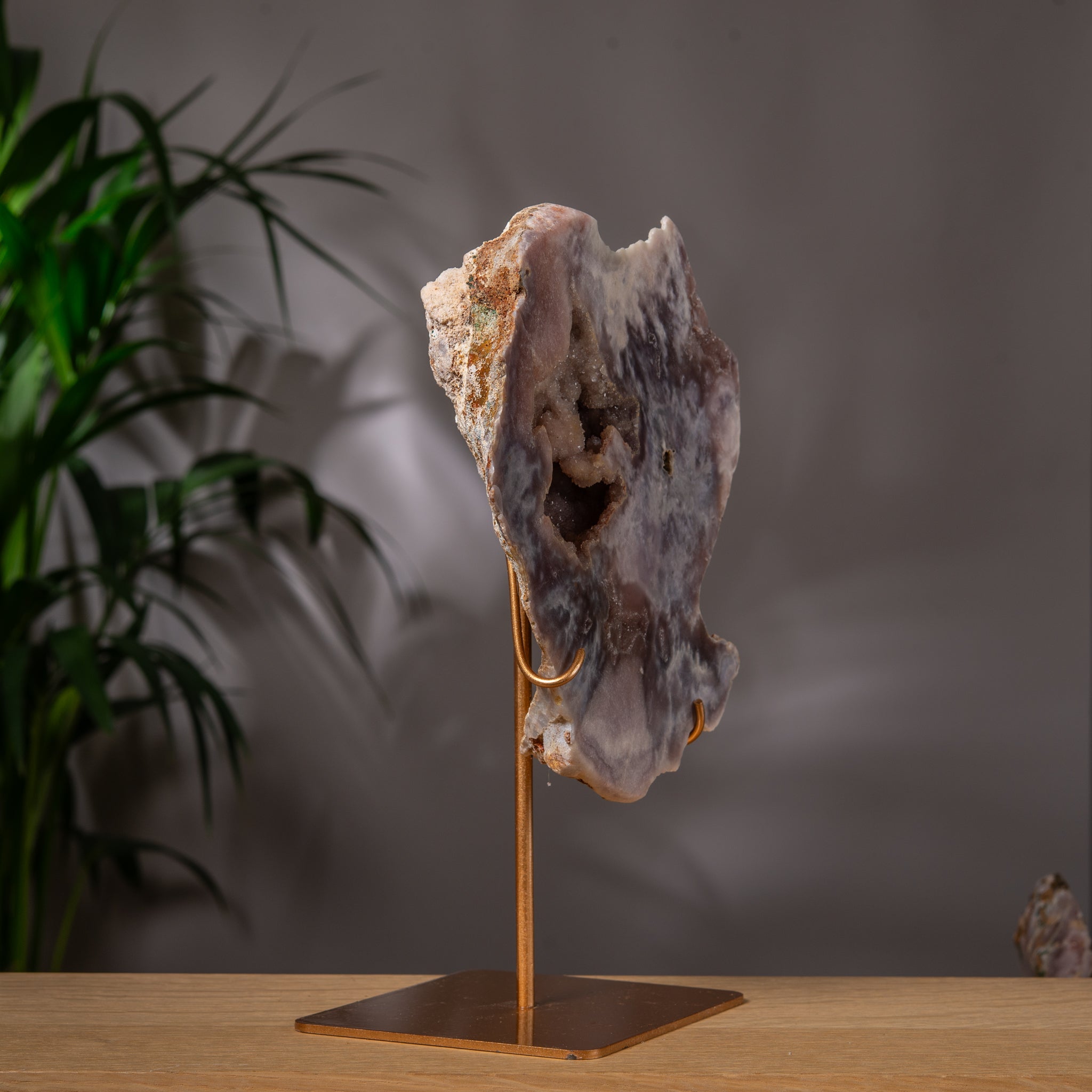 Premium Grey Pink Amethyst Slab on stand