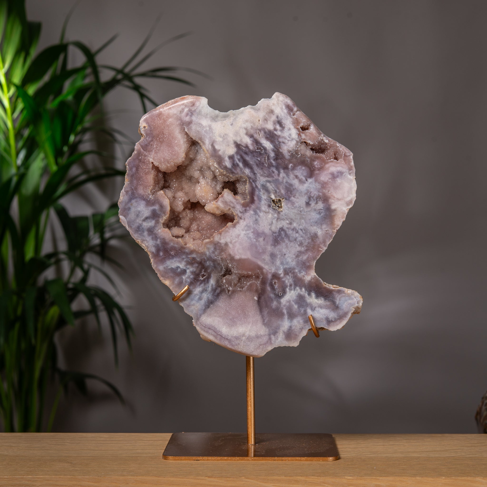Premium Grey Pink Amethyst Slab on stand