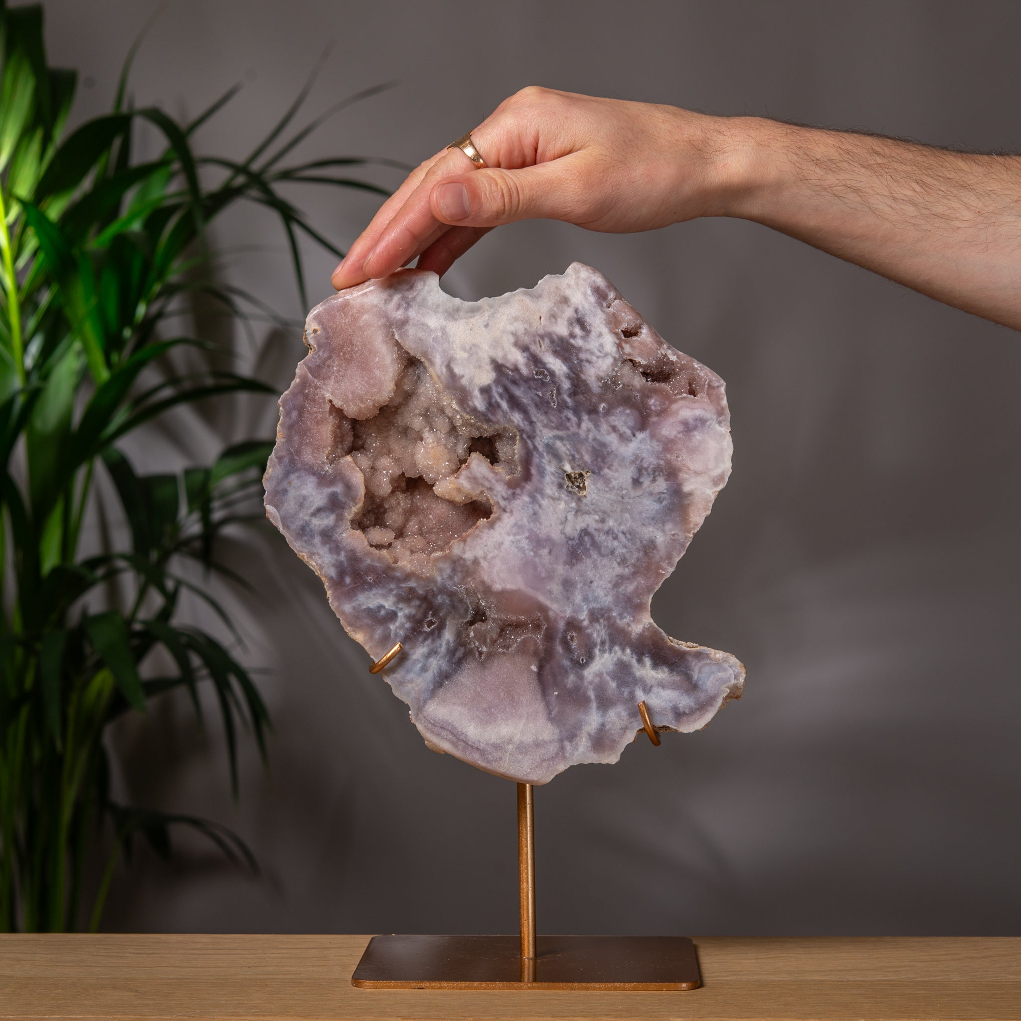 Premium Grey Pink Amethyst Slab on stand