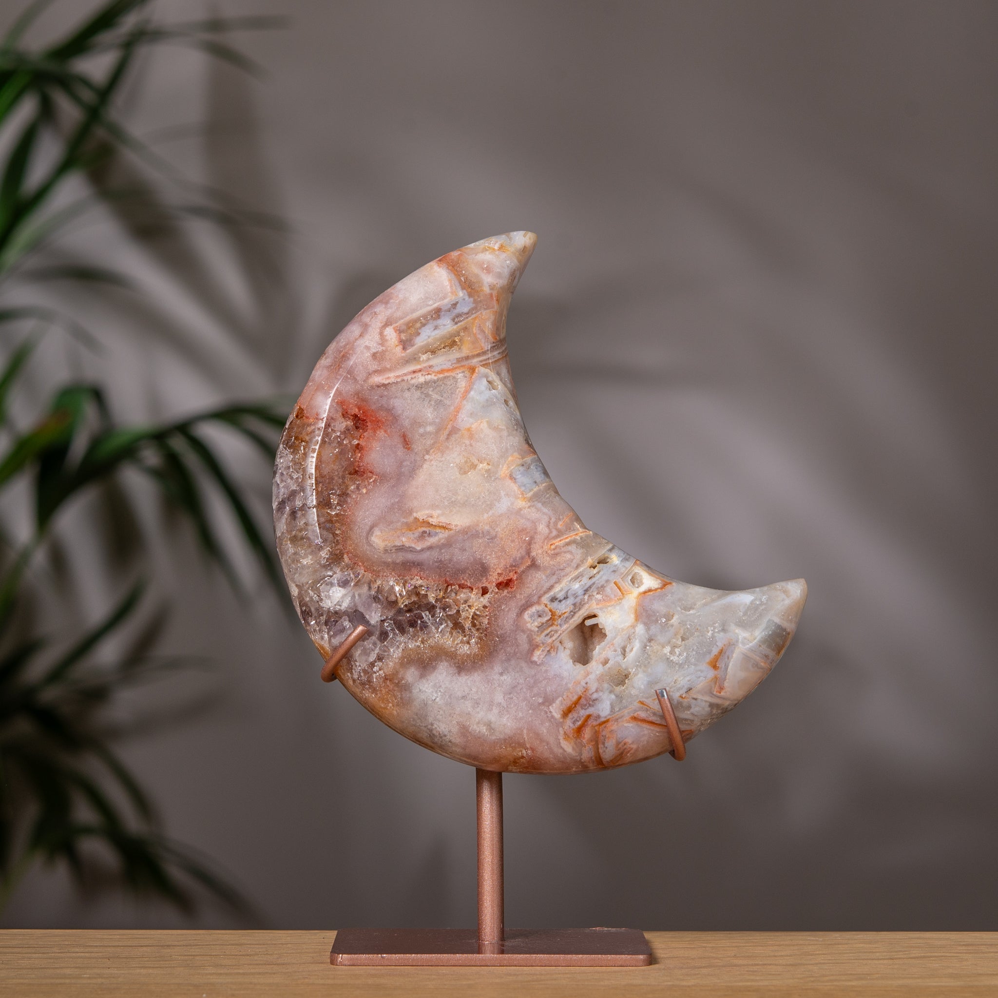 Pink Amethyst Moon on Stand with Marbled Patterns
