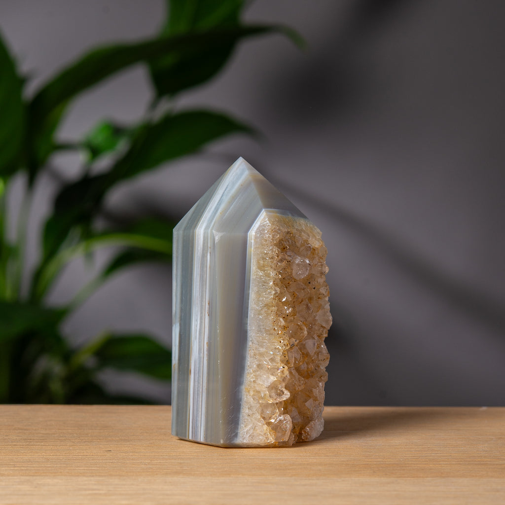 Grå Agat Torn med Gyllene Druzy