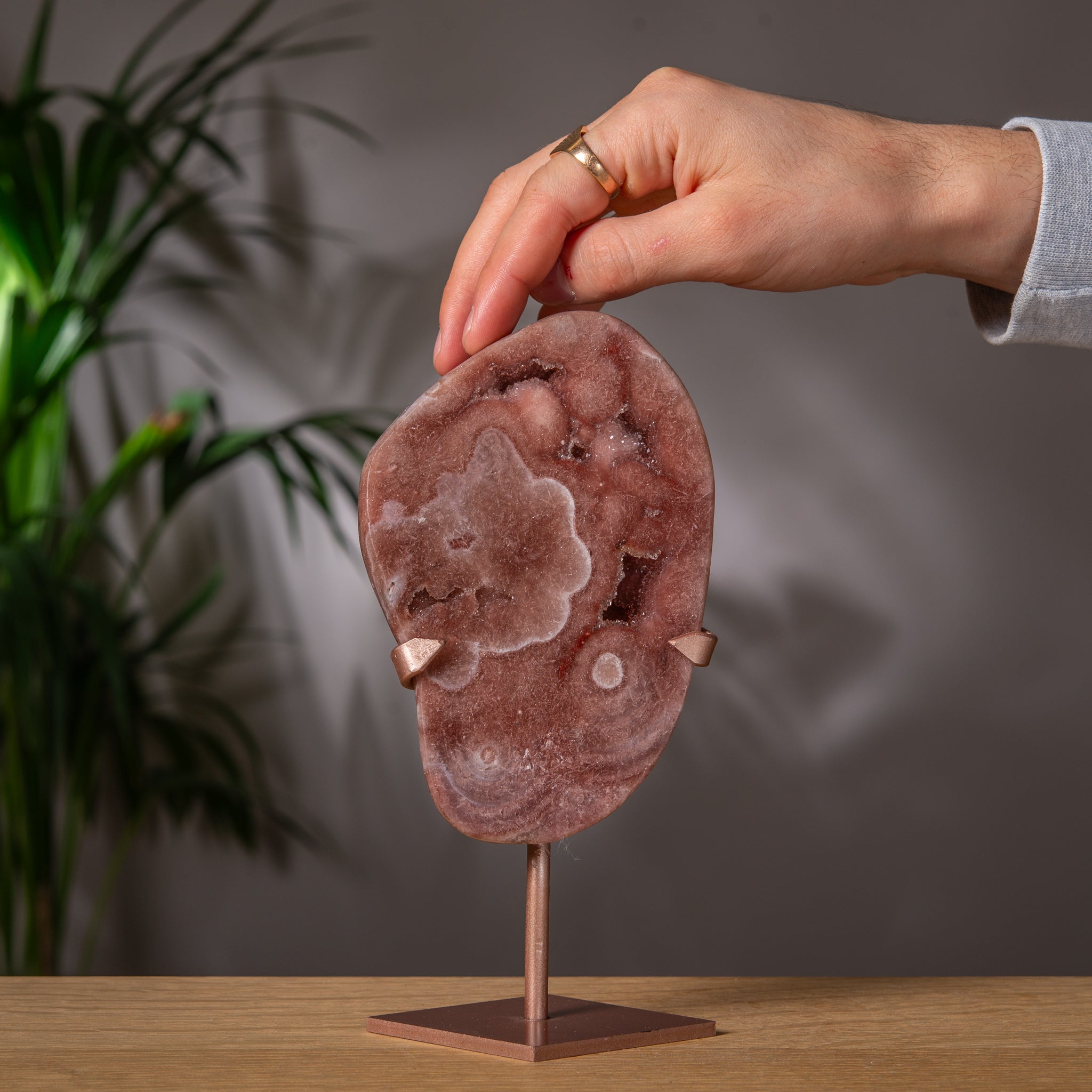Pink Amethyst Slab in Terracotta Red on Stand