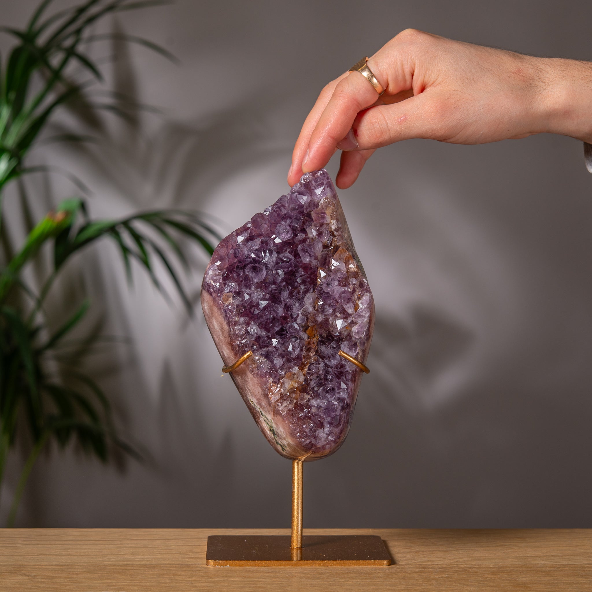 High Quality Pink Amethyst Cluster on Golden Stand – Viabrazil