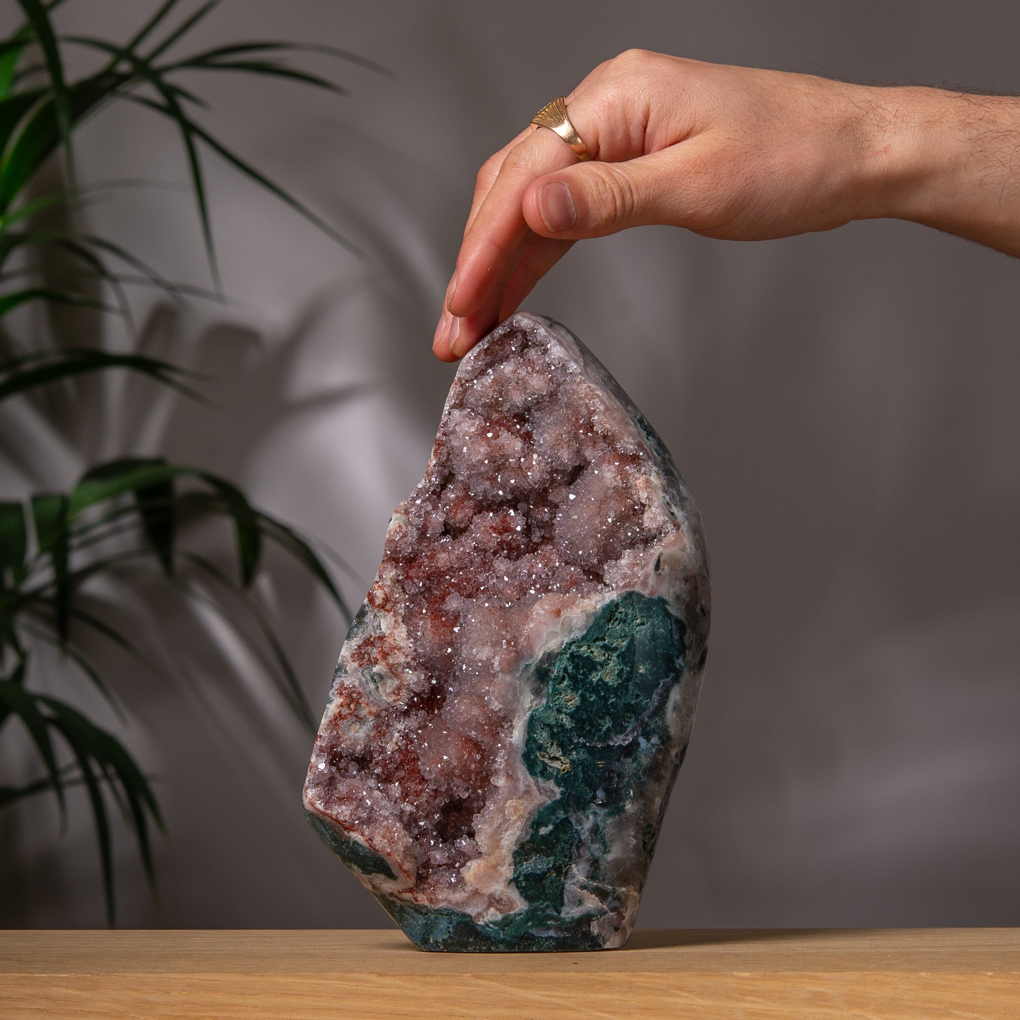 Red color Pink Amethyst Freeform with green jasper