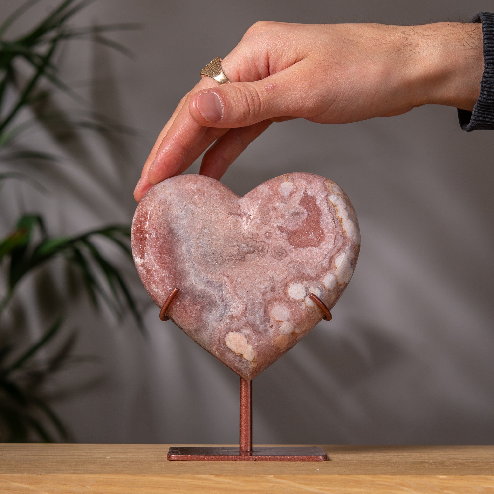 Pink Amethyst Heart in Marbled Pink on Stand