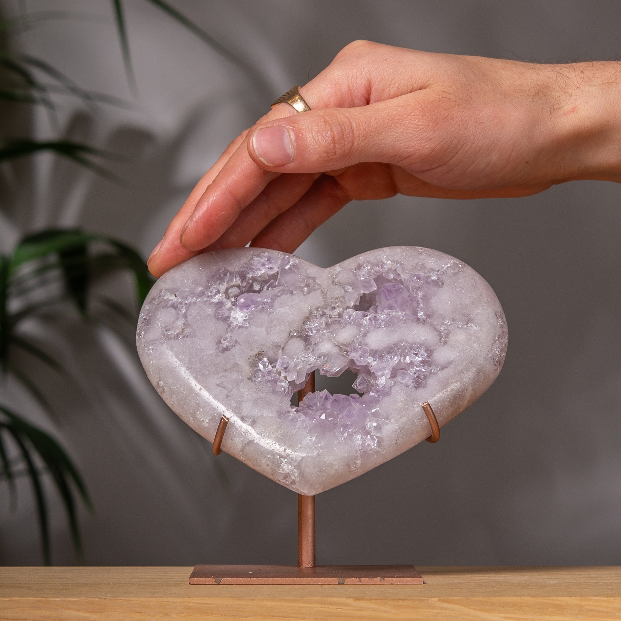 Purple Pink Amethyst Heart with Druzy on Stand