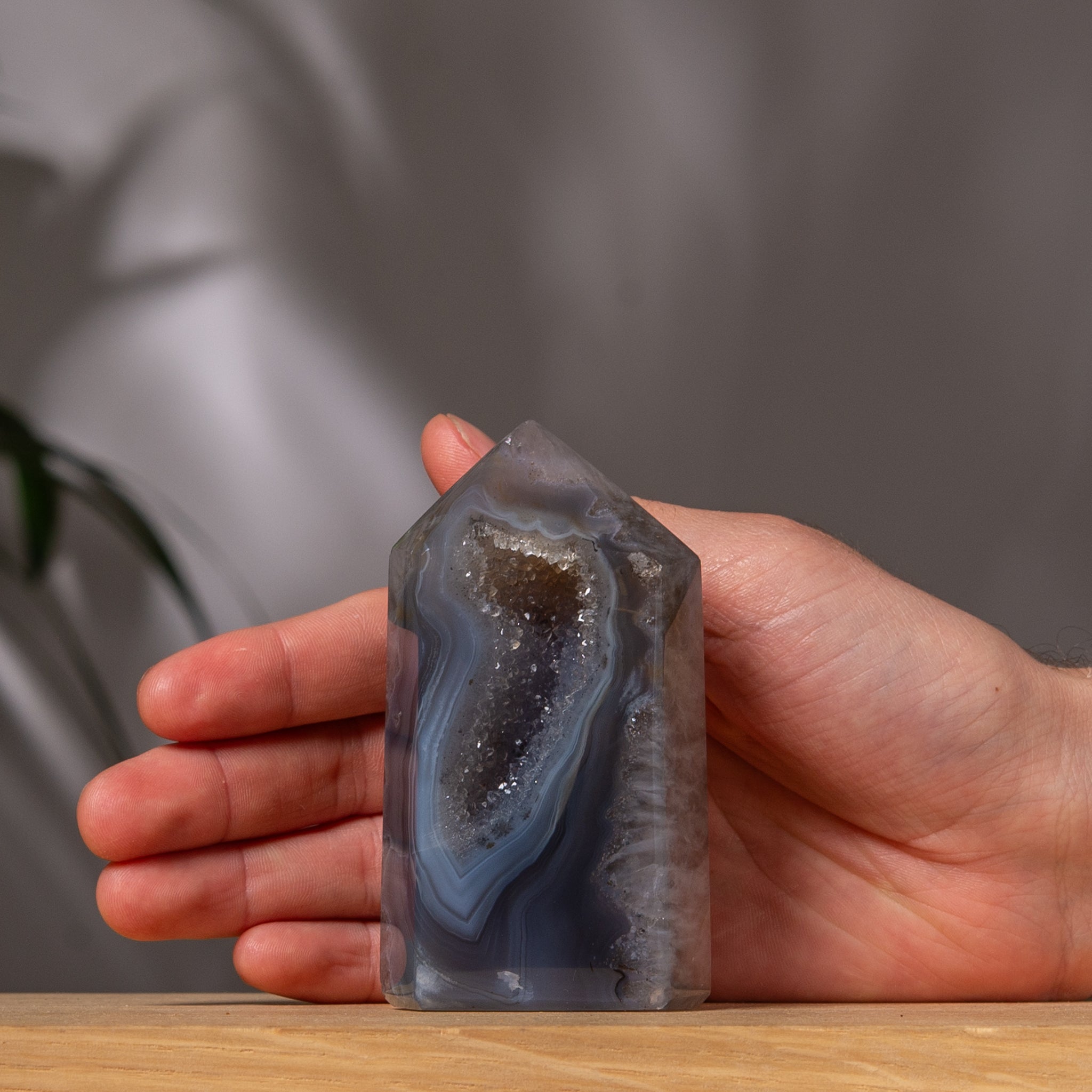 Blue Grey Agate Druzy Tower with Quartz back