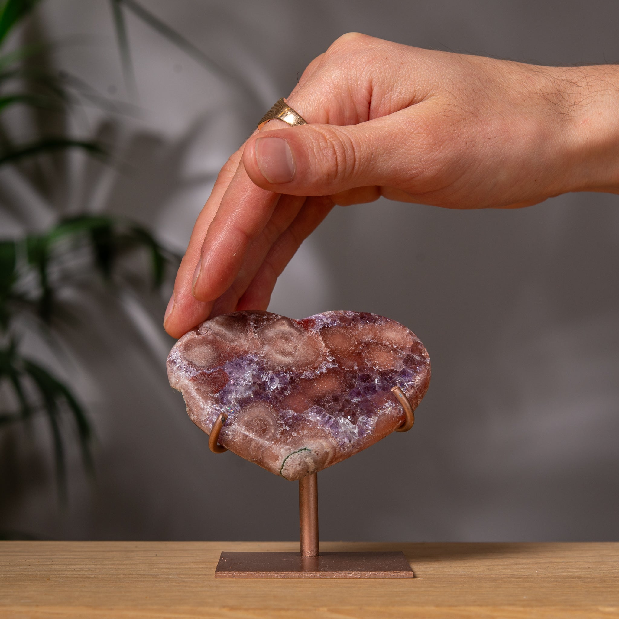 Colorful Pink Amethyst heart on stand