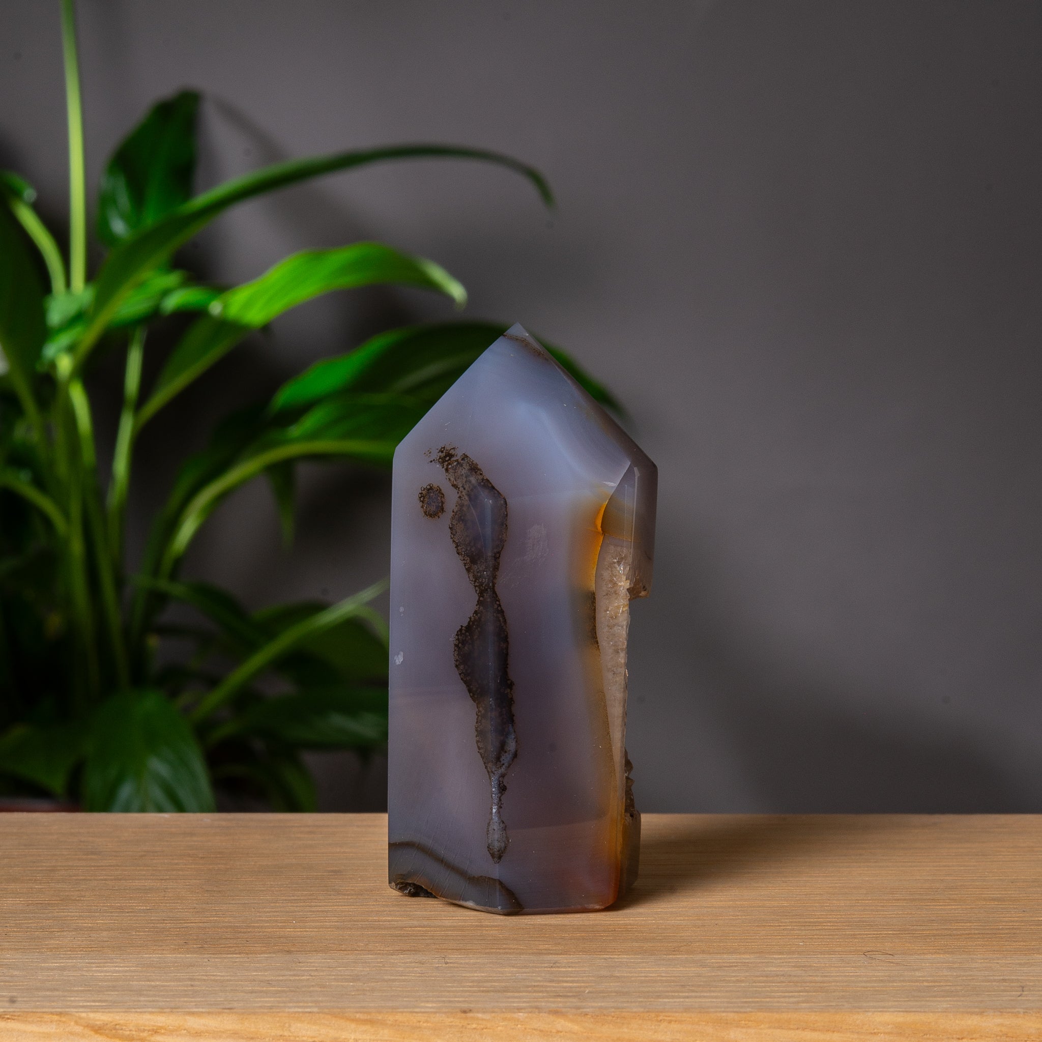 Grey Agate Tower with Deep Crystal Cavity