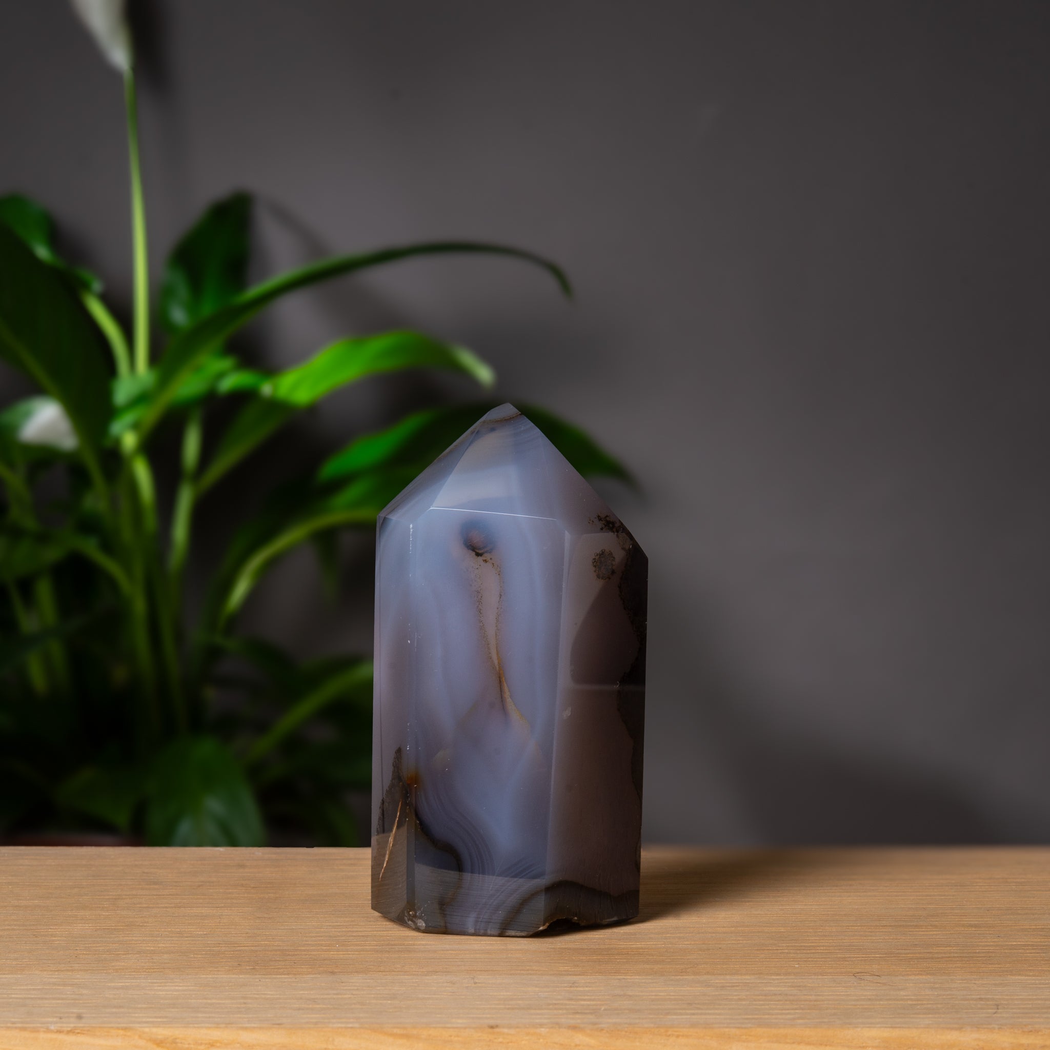 Grey Agate Tower with Deep Crystal Cavity