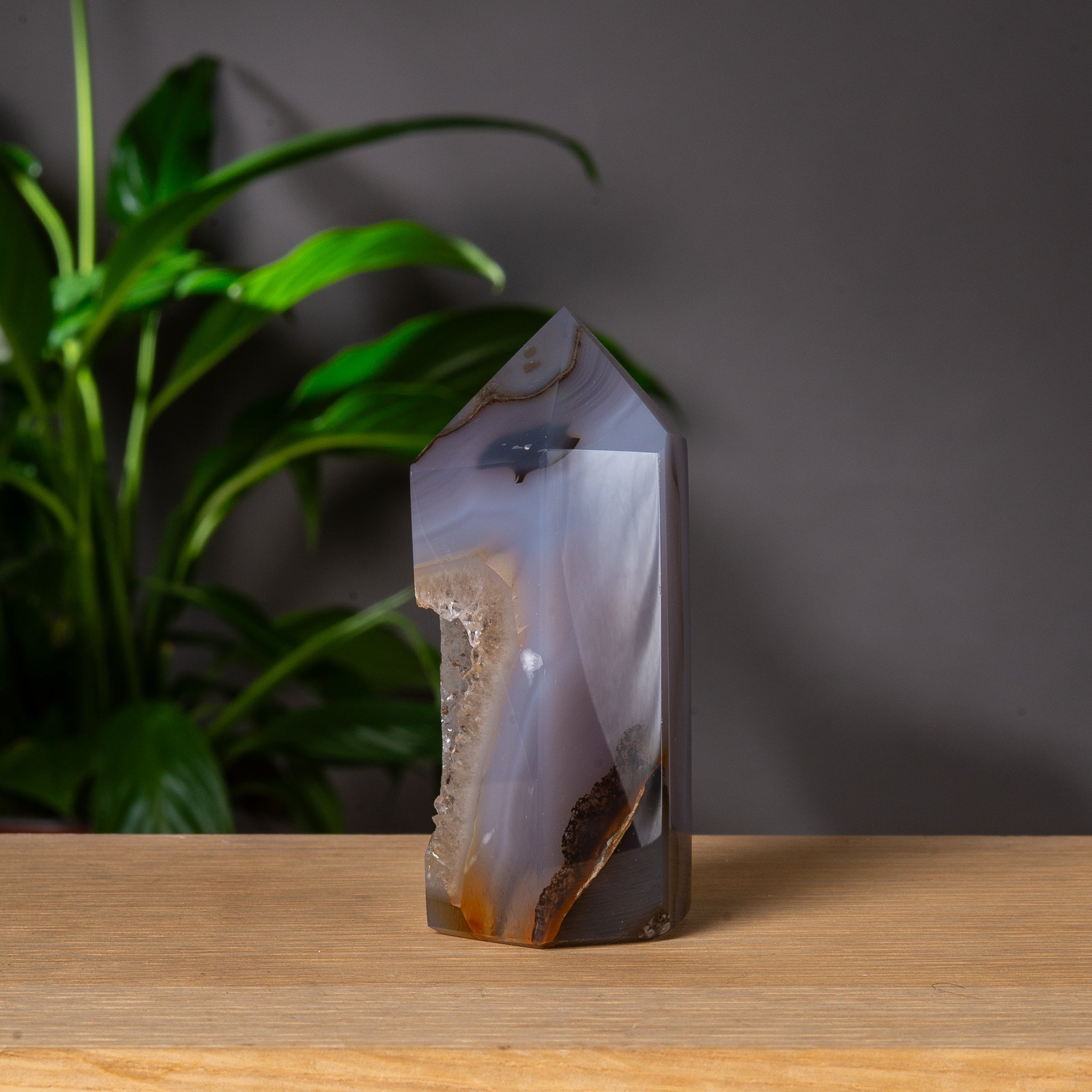 Grey Agate Tower with Deep Crystal Cavity