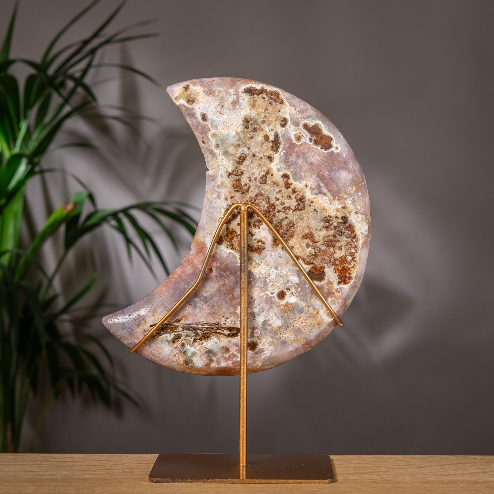 Large Pink Amethyst Crescent Moon on Golden Stand