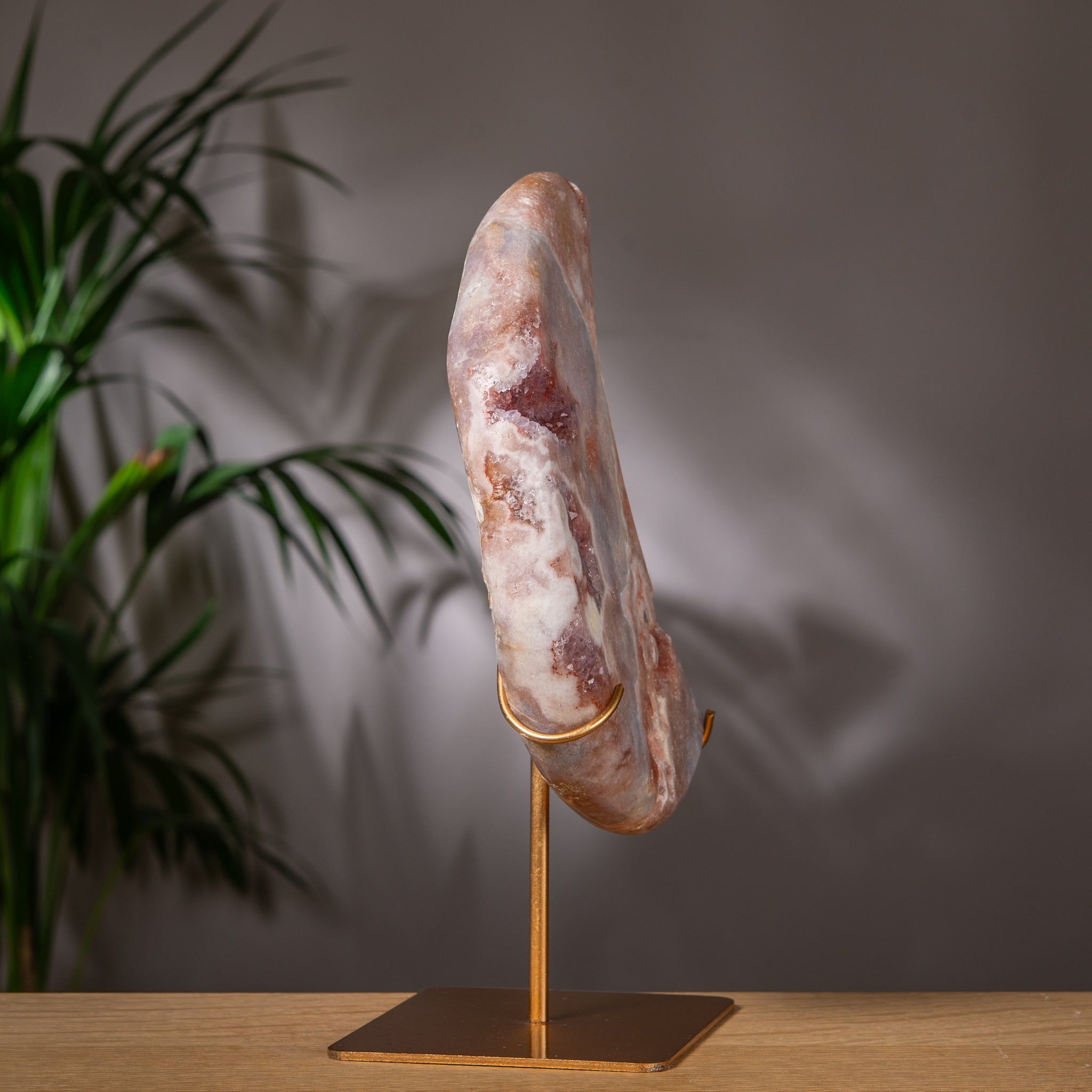 Large Pink Amethyst Crescent Moon on Golden Stand