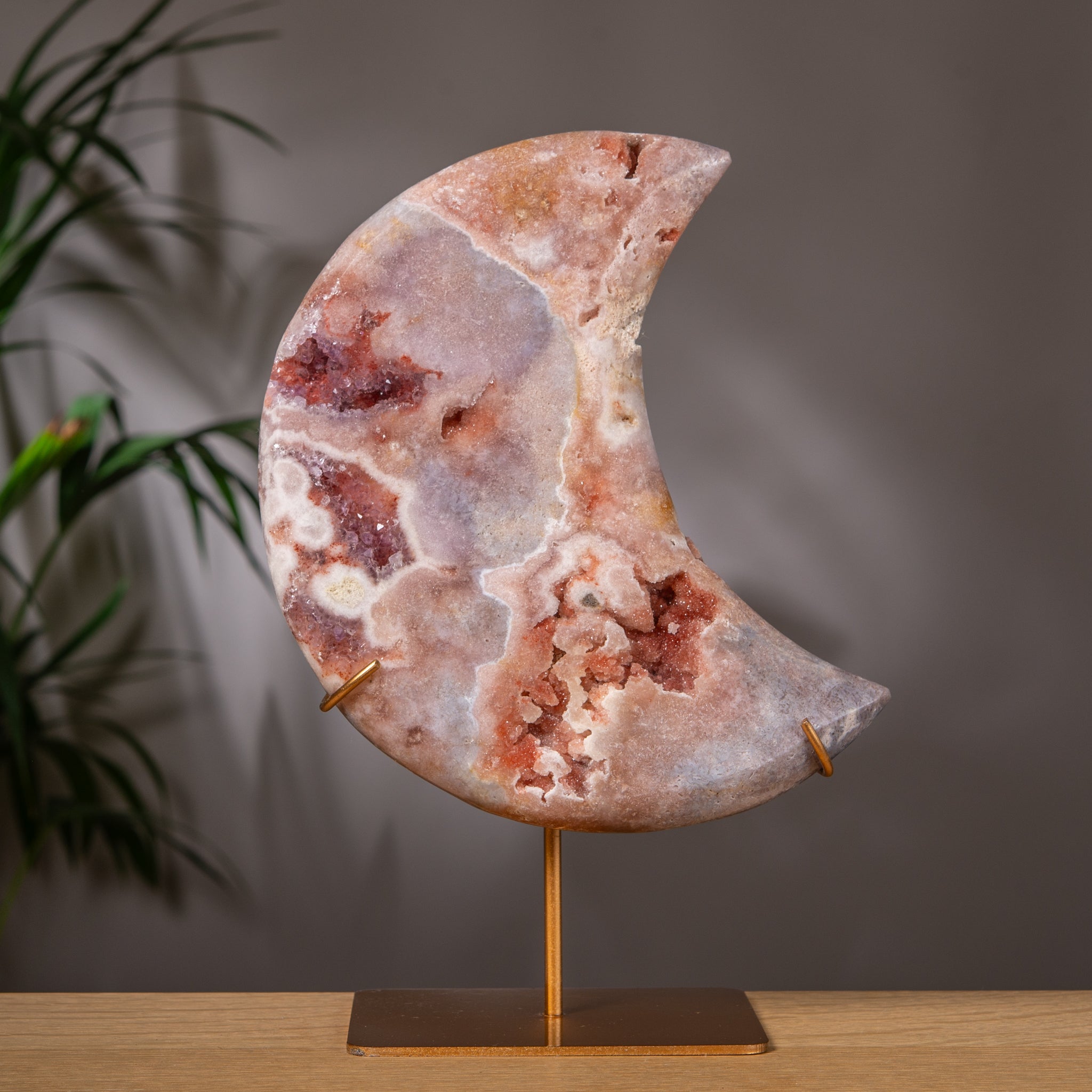 Large Pink Amethyst Crescent Moon on Golden Stand