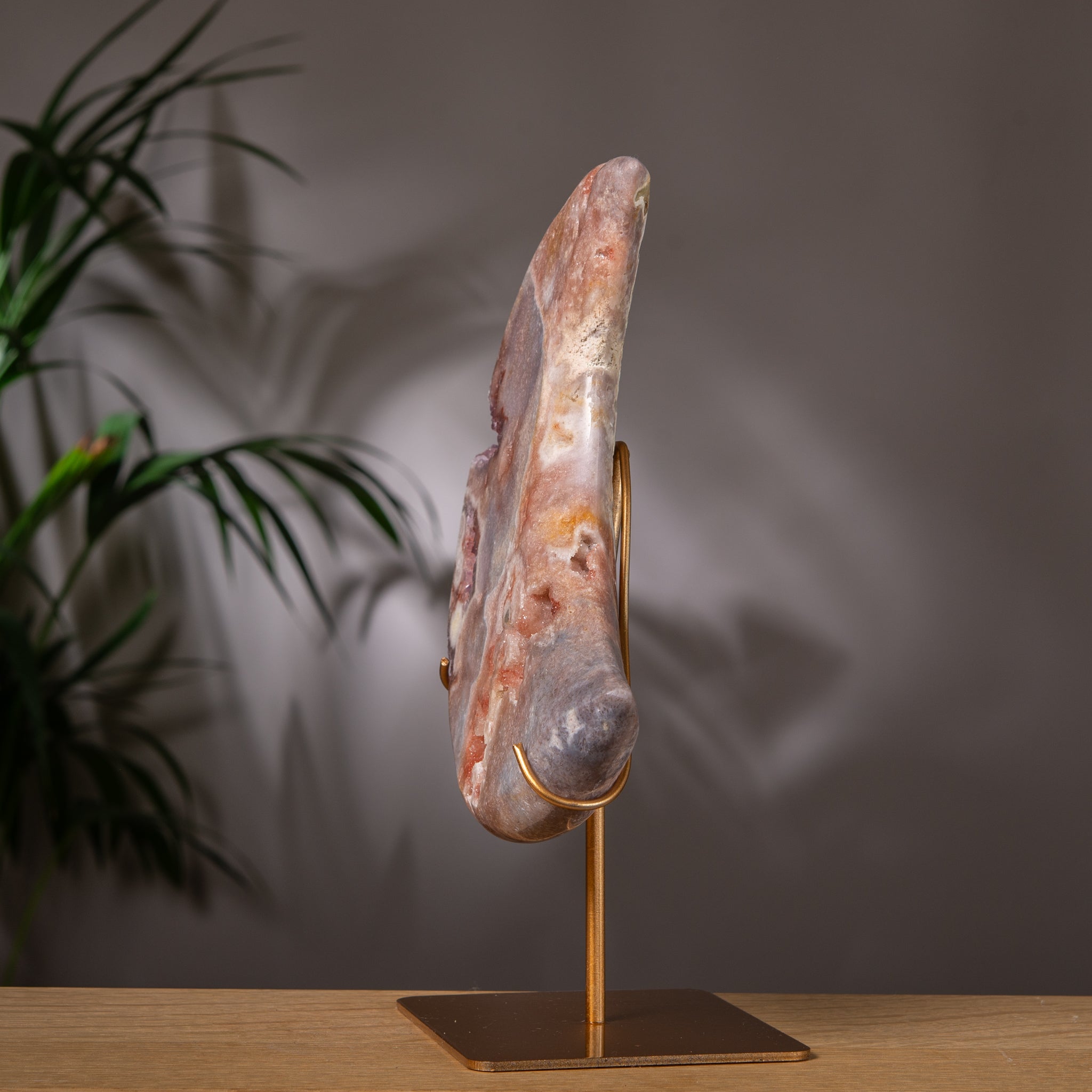 Large Pink Amethyst Crescent Moon on Golden Stand