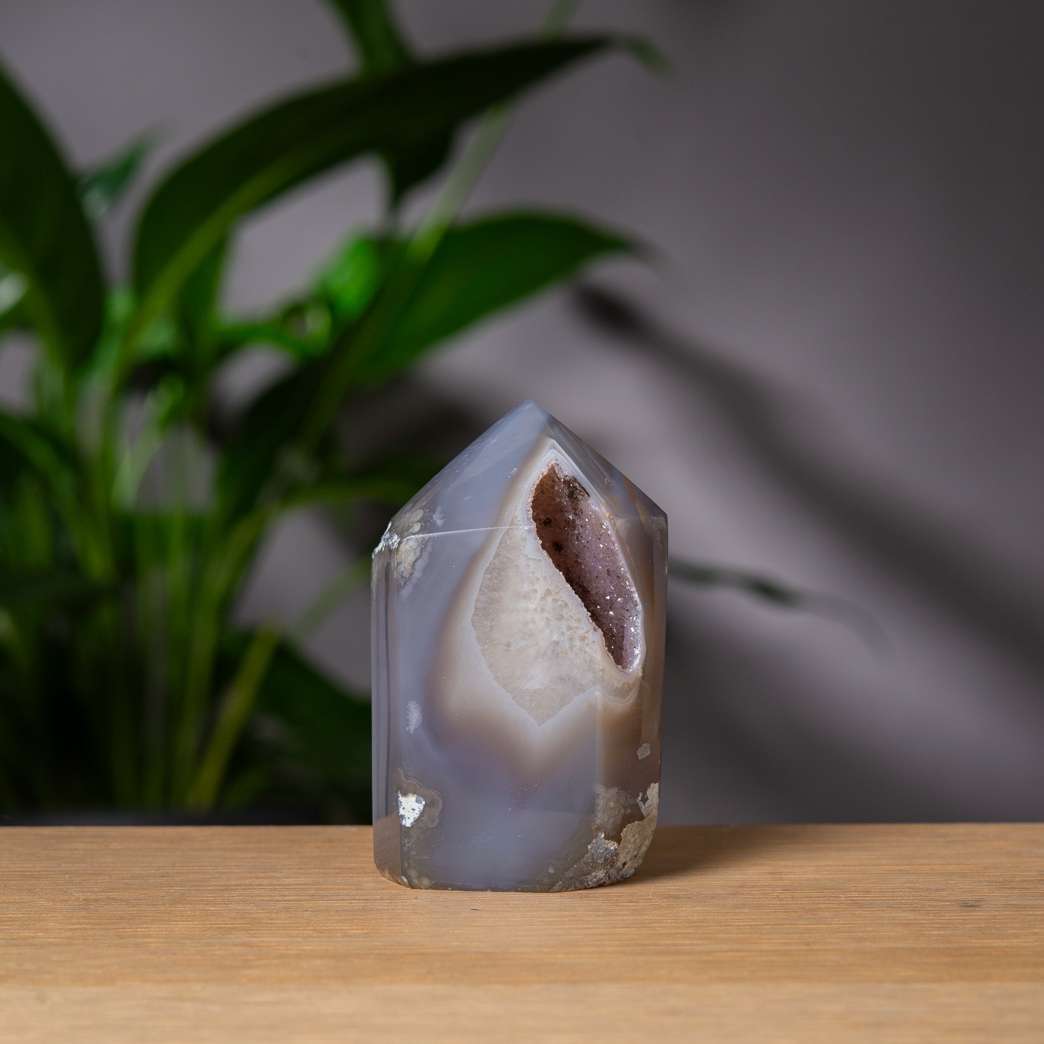 Grey Agate Tower with Purple Druzy Cavity