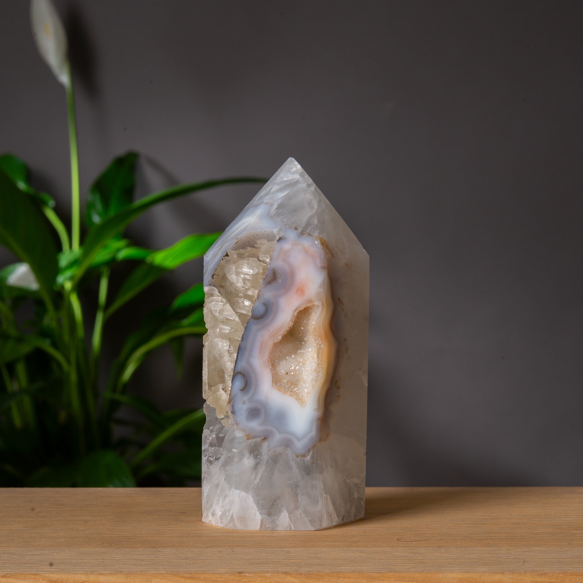 Grey and White Agate Tower with Druzy Cavity