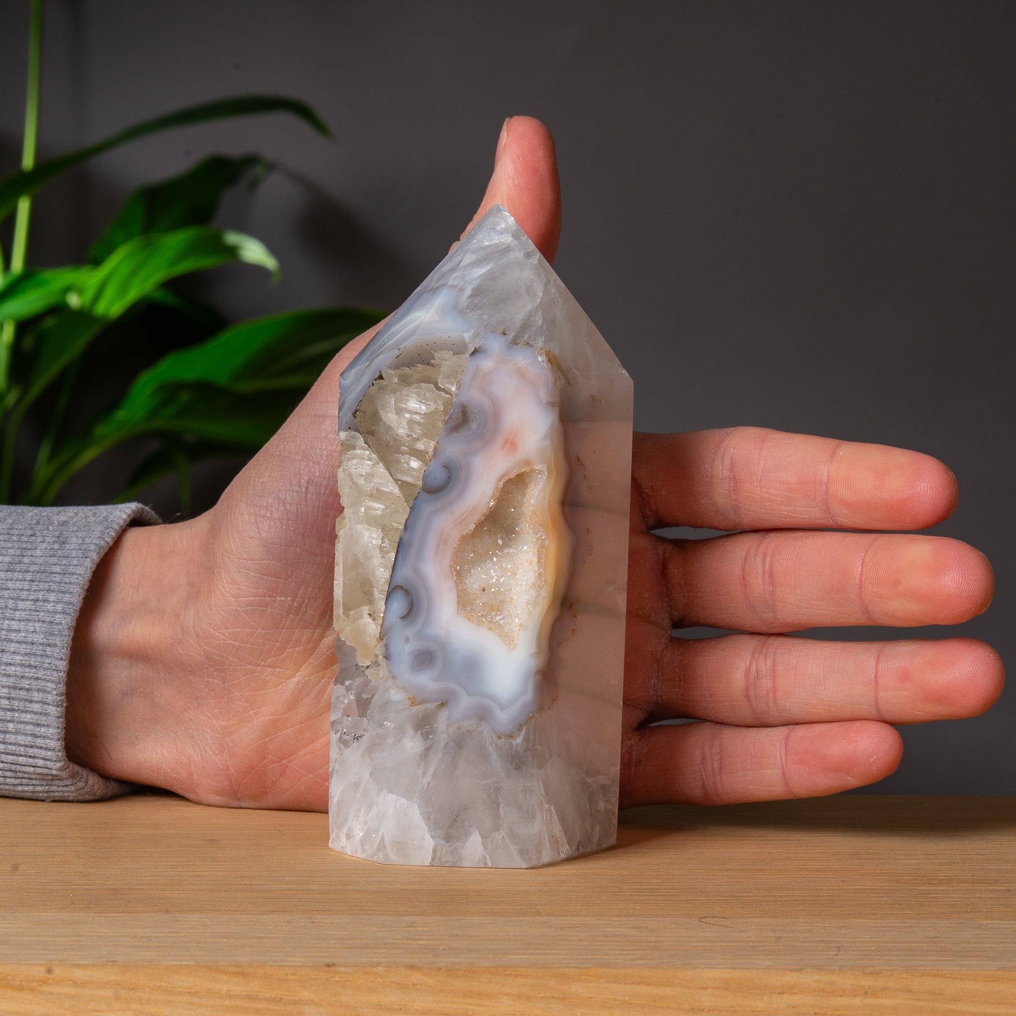 Grey and White Agate Tower with Druzy Cavity