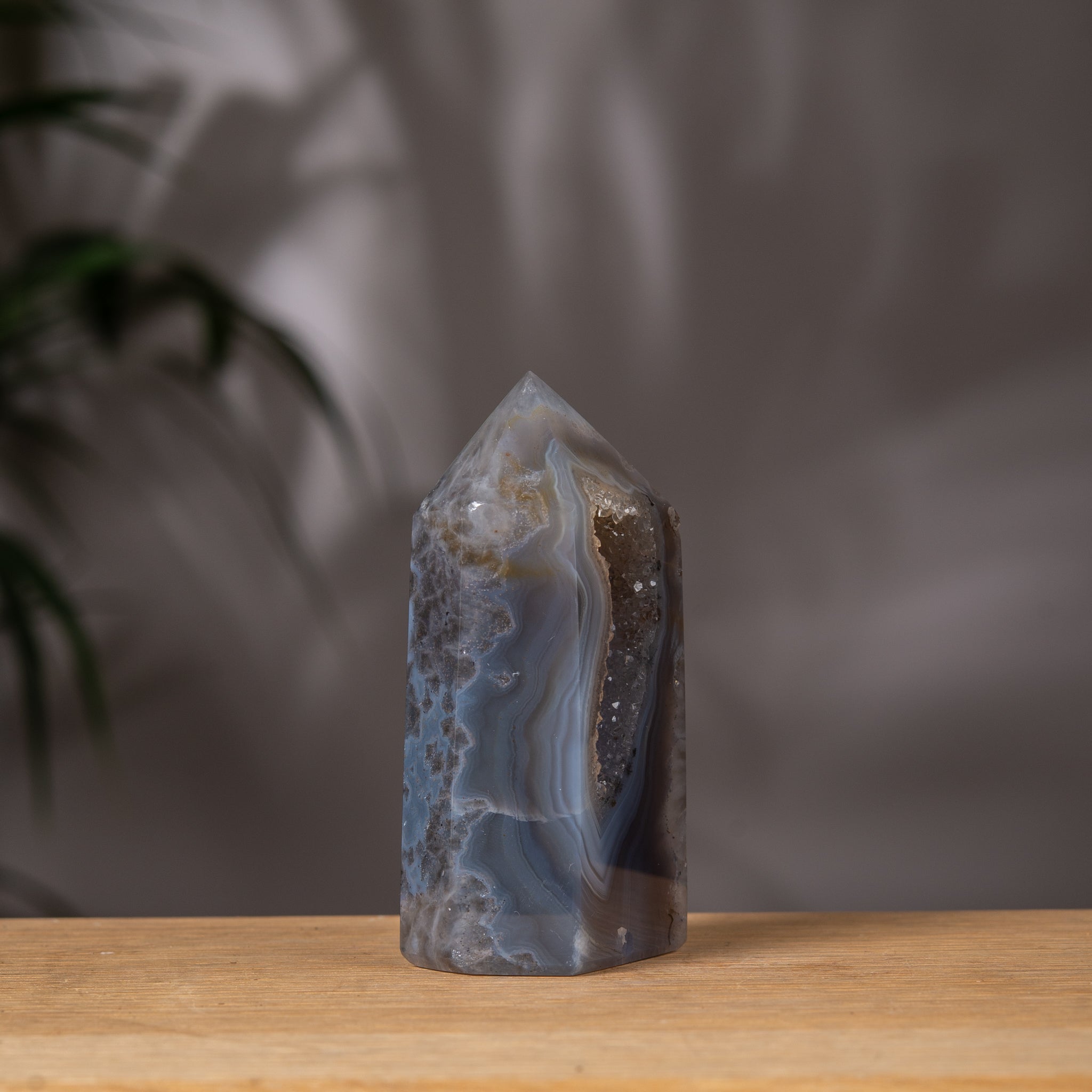 Blue Grey Agate Druzy Tower with Quartz back