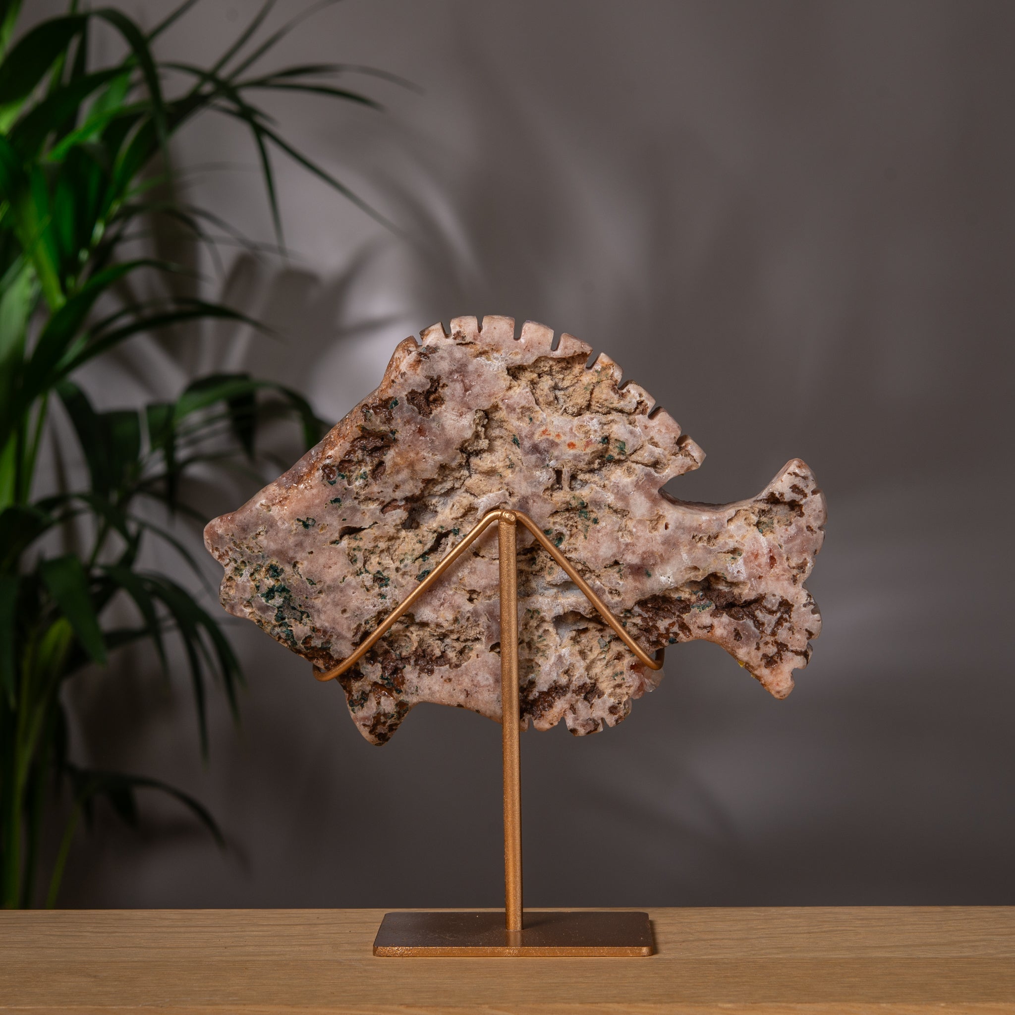 Pink Amethyst Fish Slab on Gold Stand