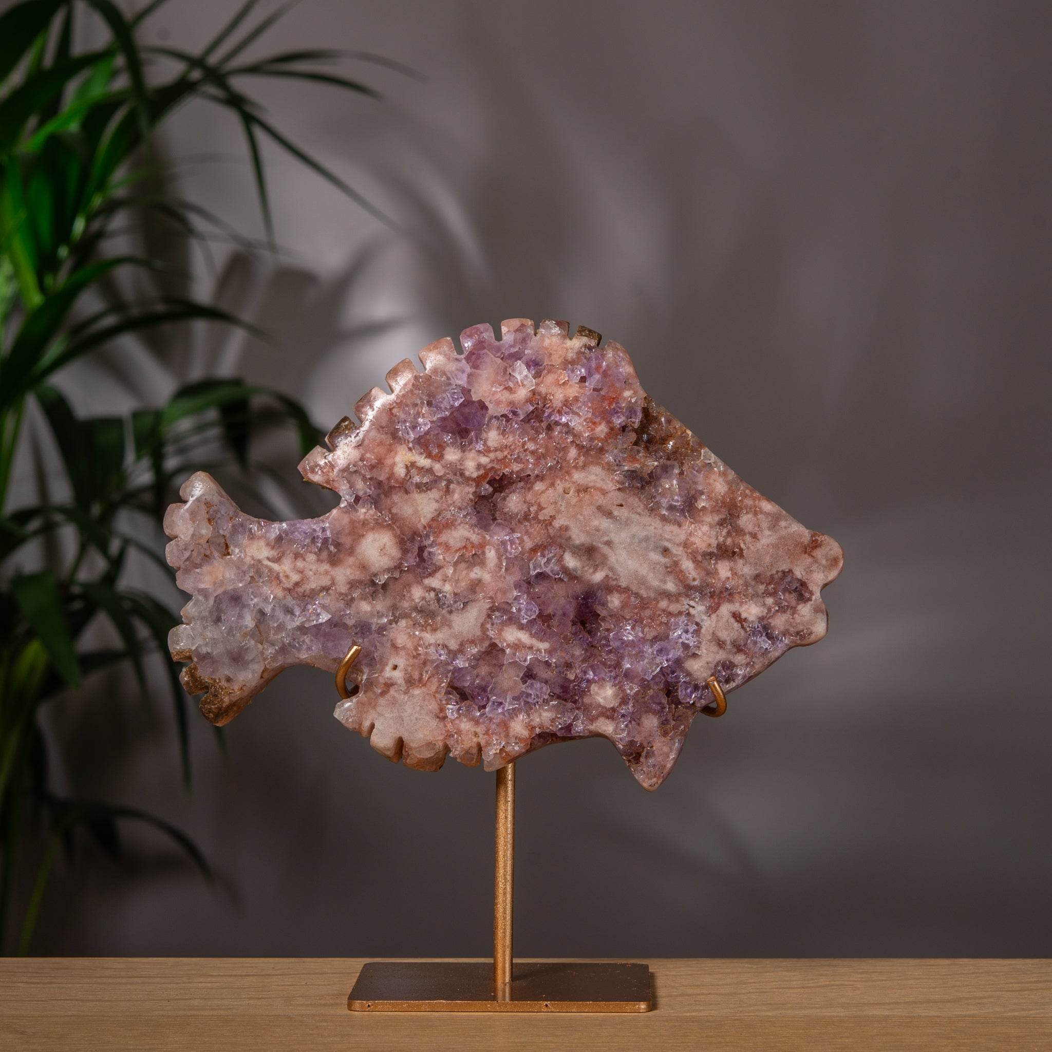 Pink Amethyst Fish Slab on Gold Stand