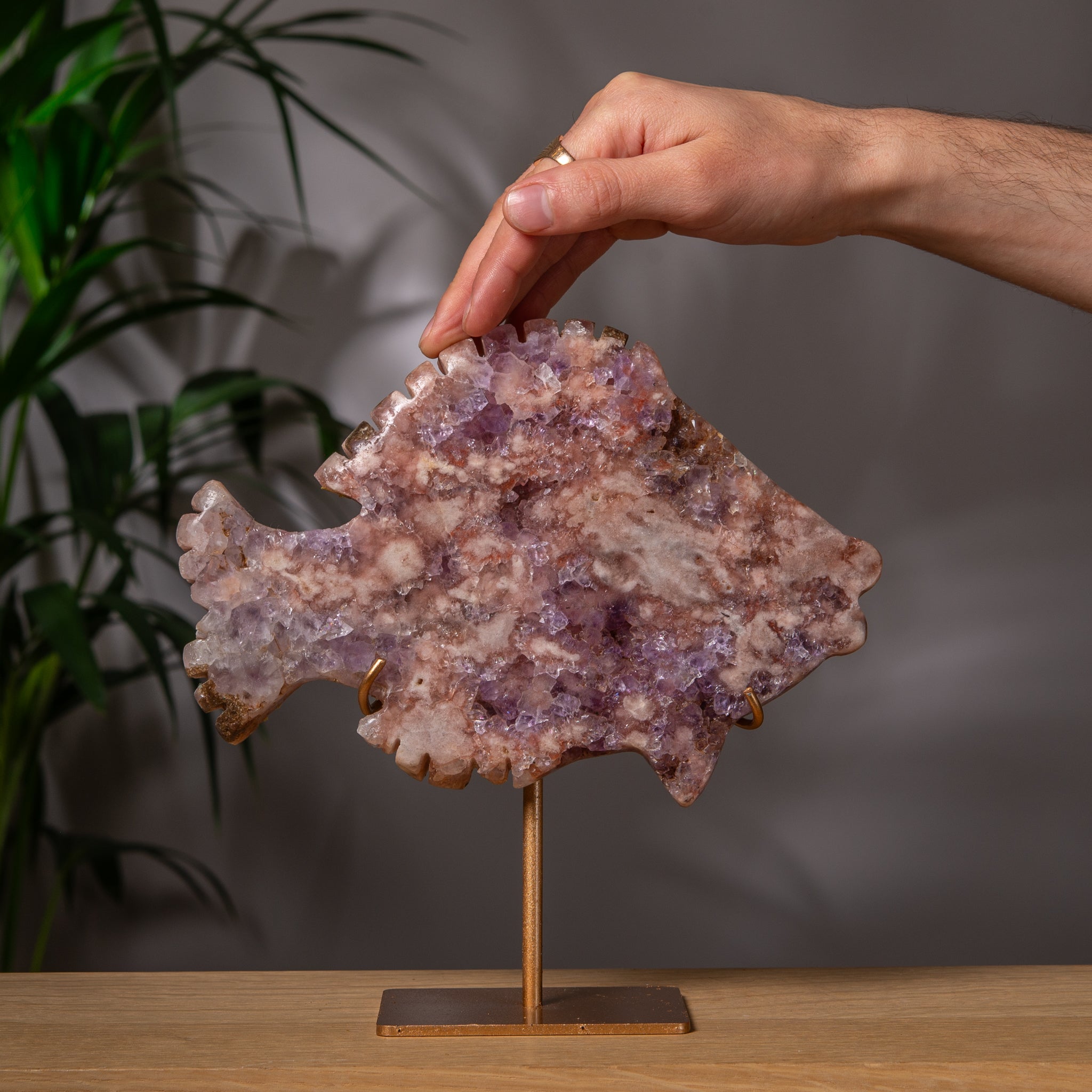 Pink Amethyst Fish Slab on Gold Stand