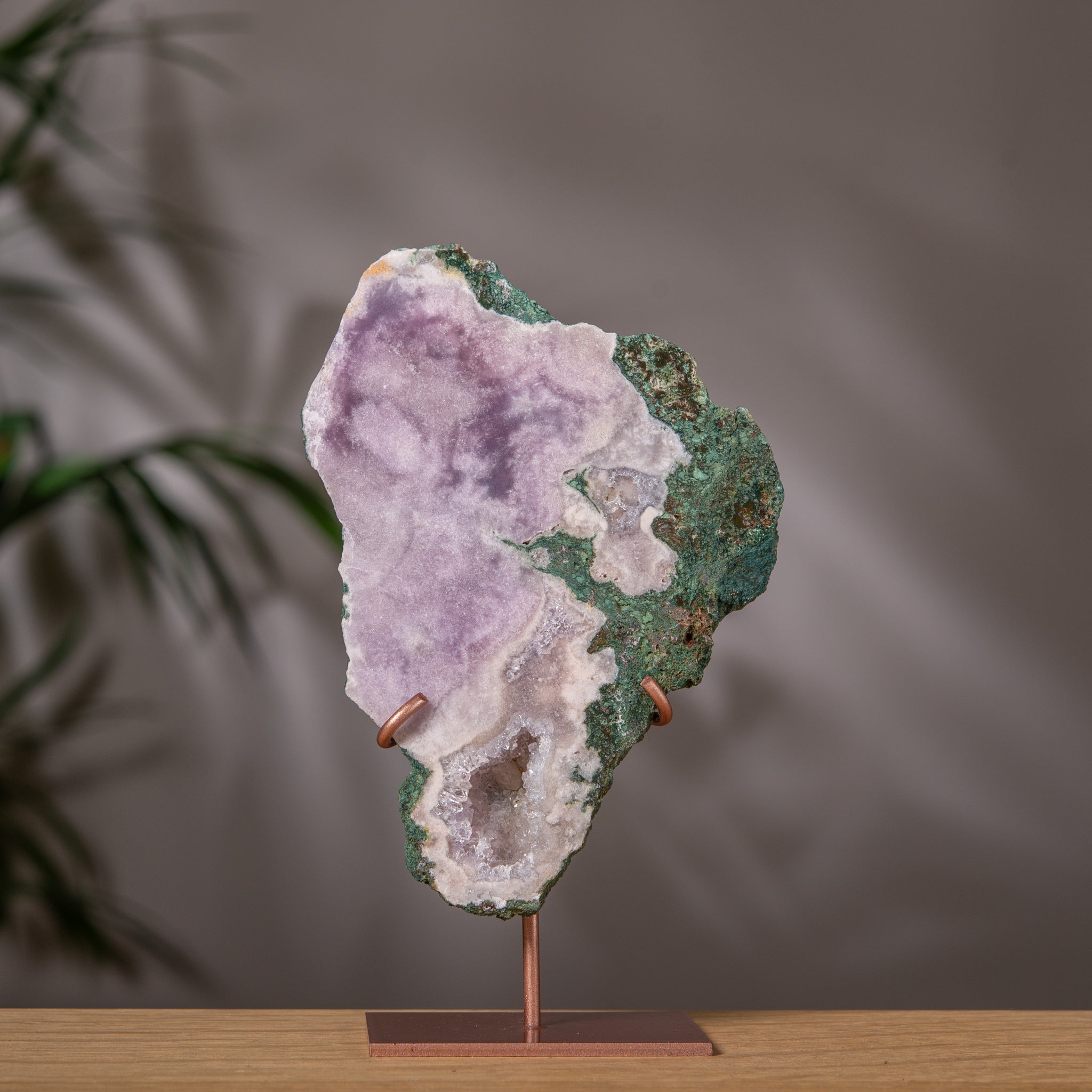 Pink Amethyst Slab in Lavender and Green on Stand