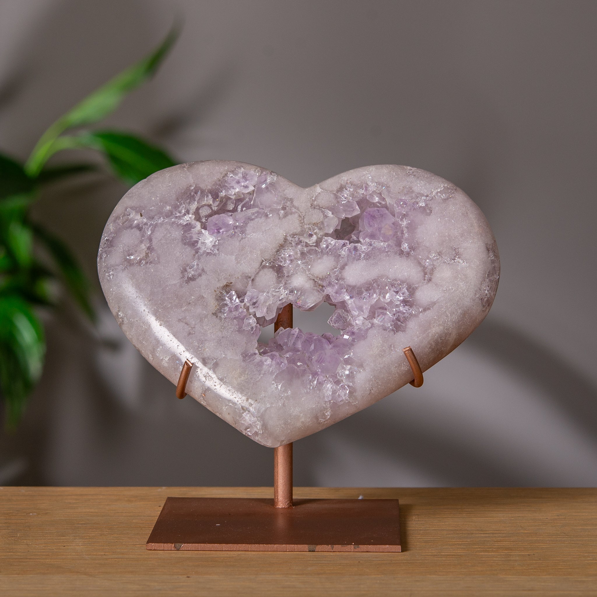 Purple Pink Amethyst Heart with Druzy on Stand