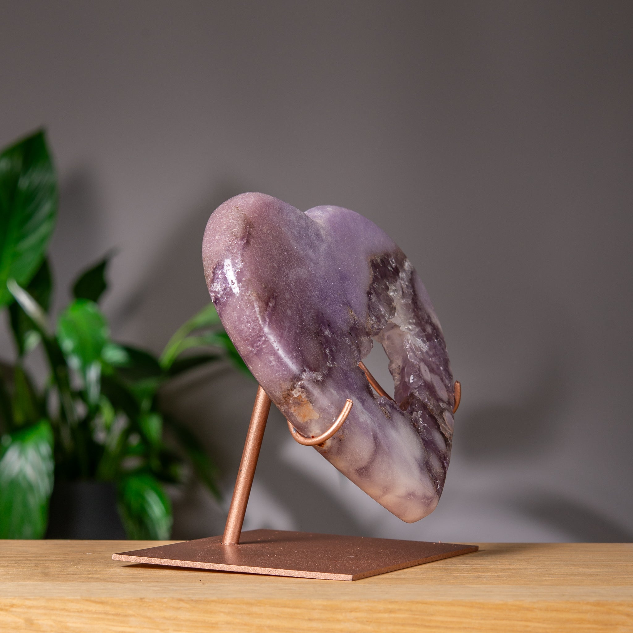 Purple orb Pink Amethyst Heart on Rose Gold Stand