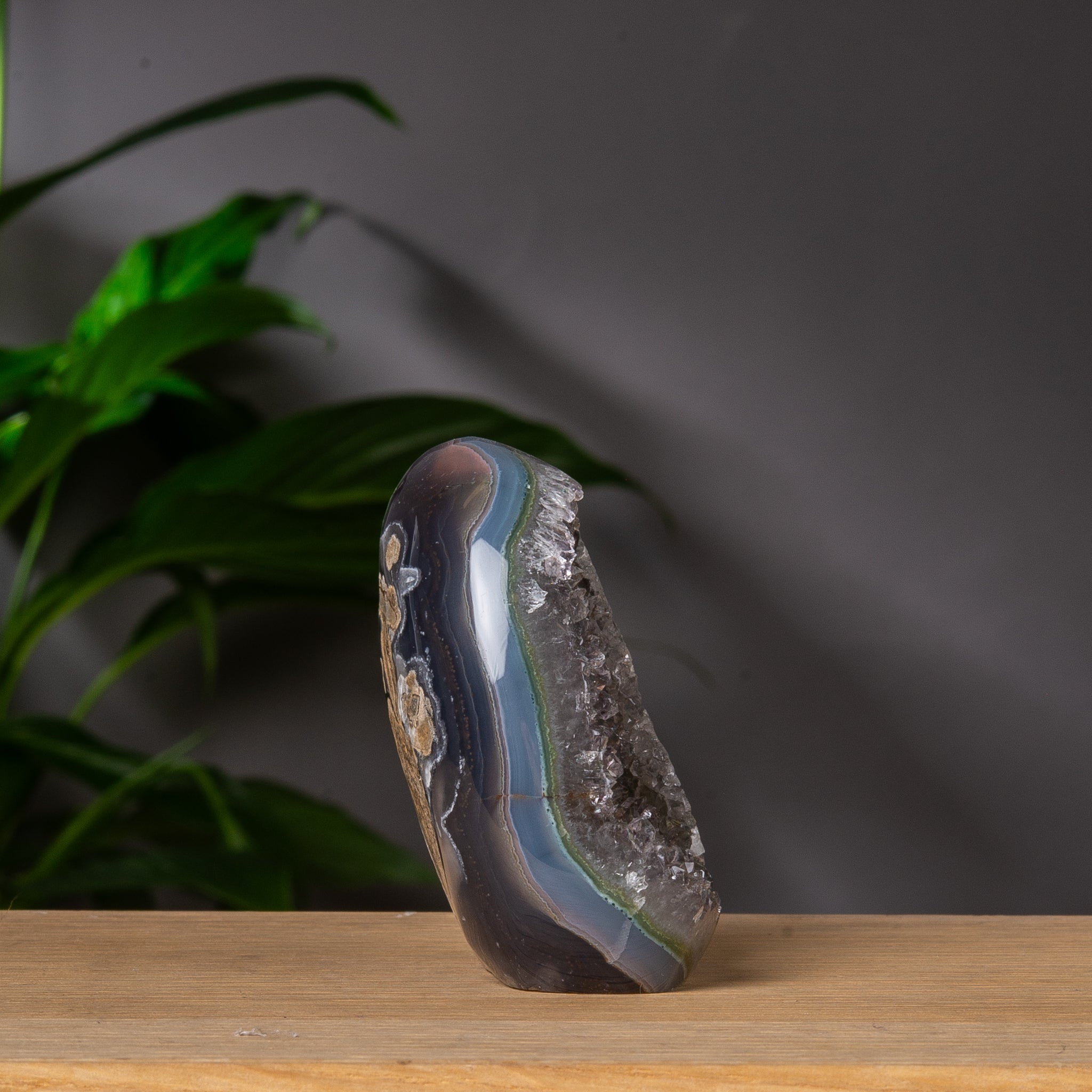 Green toned agate Cutbase with druzy