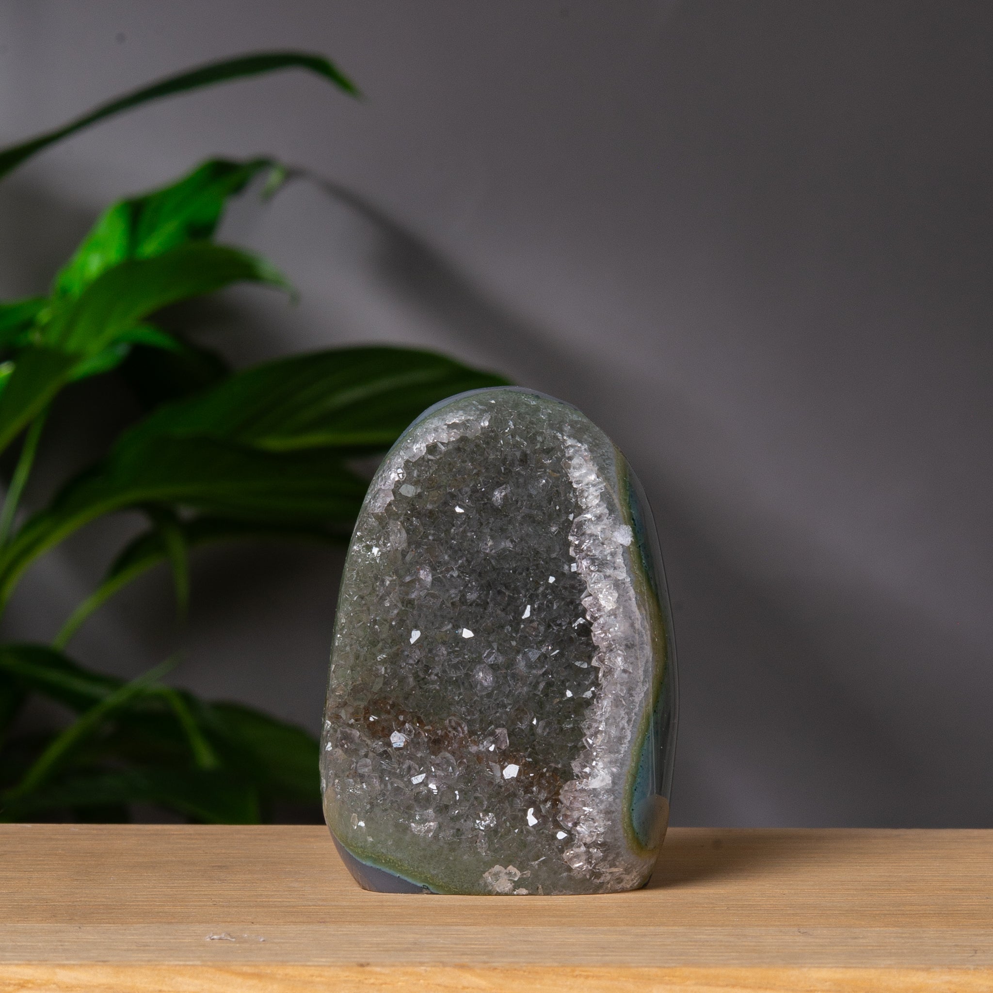 Green toned agate Cutbase with druzy
