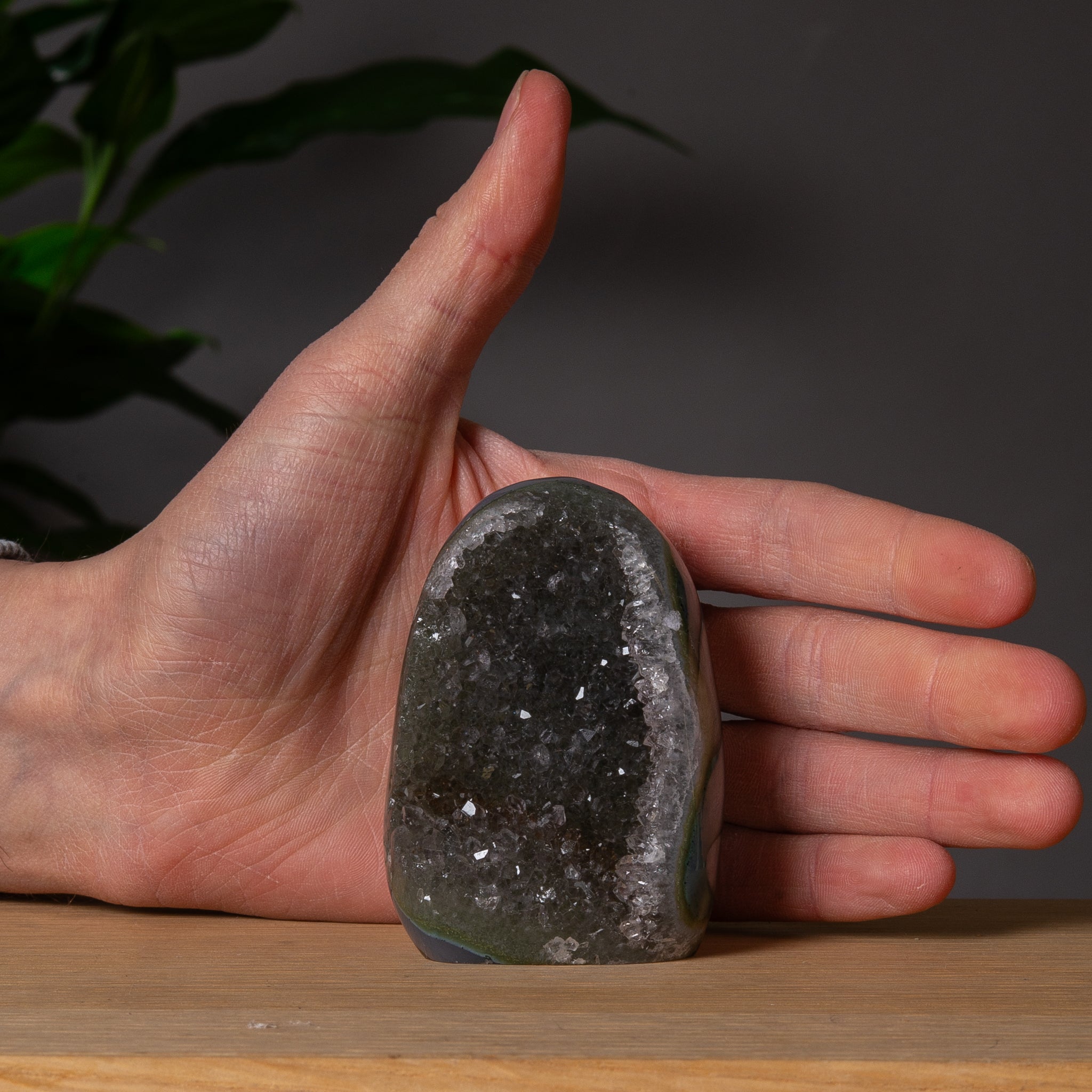 Green toned agate Cutbase with druzy