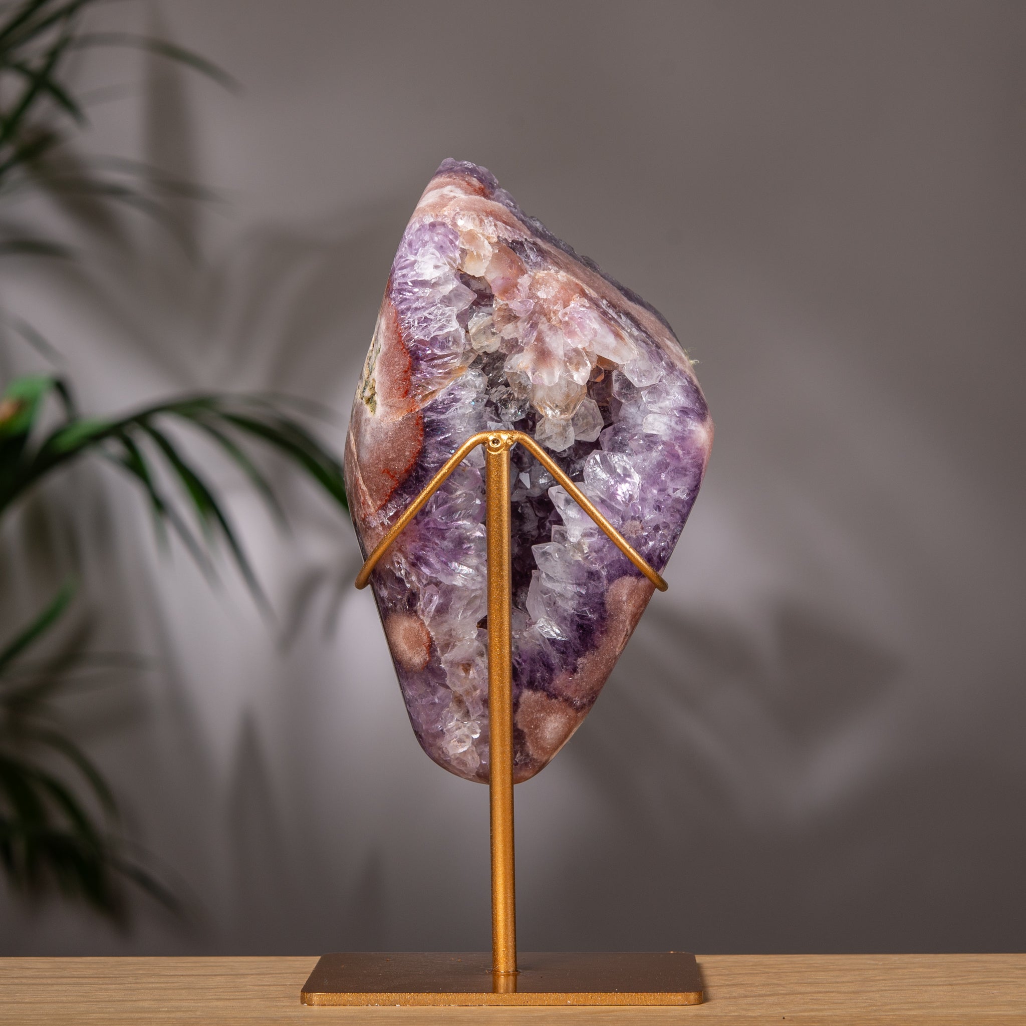 High Quality Pink Amethyst Cluster on Golden Stand