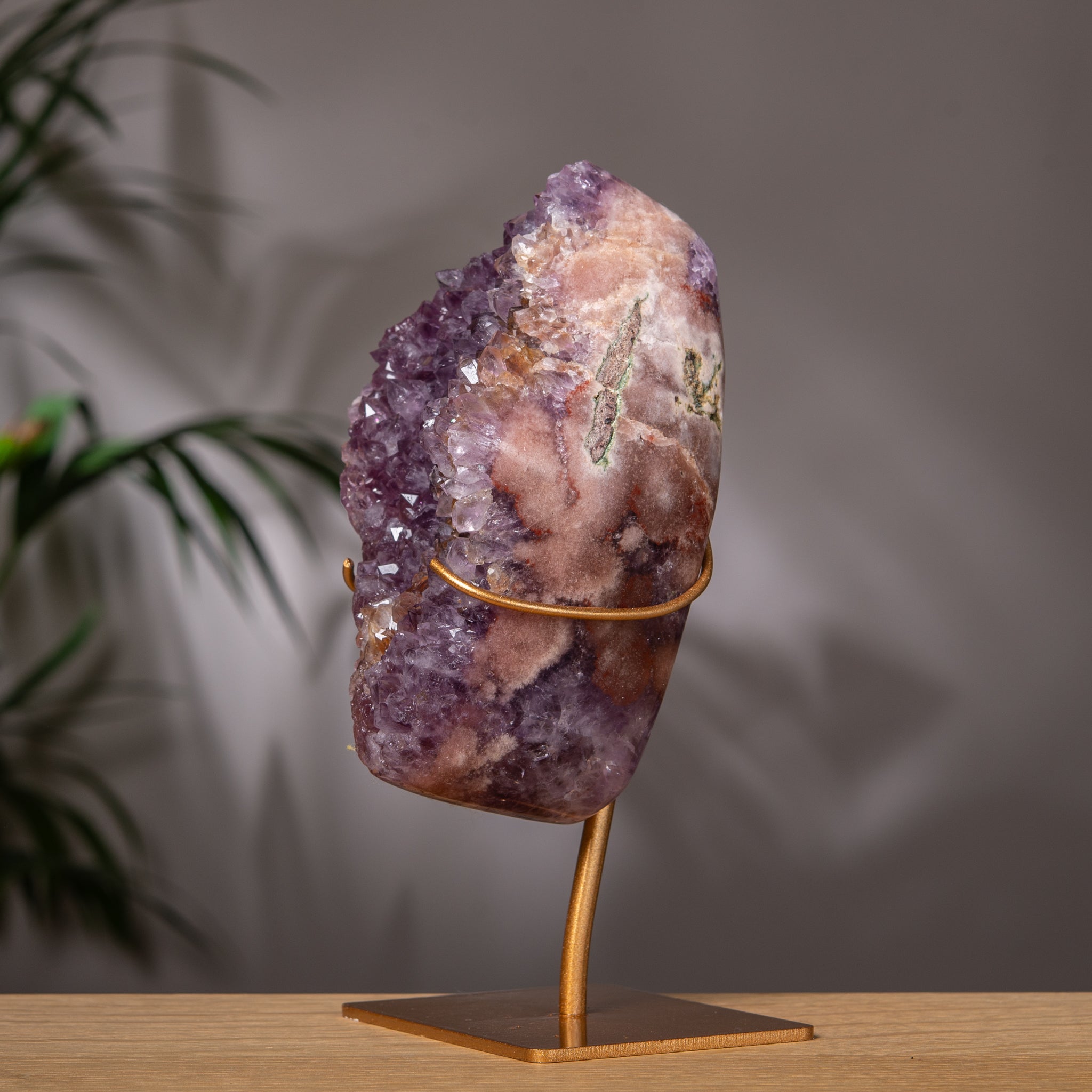 High Quality Pink Amethyst Cluster on Golden Stand