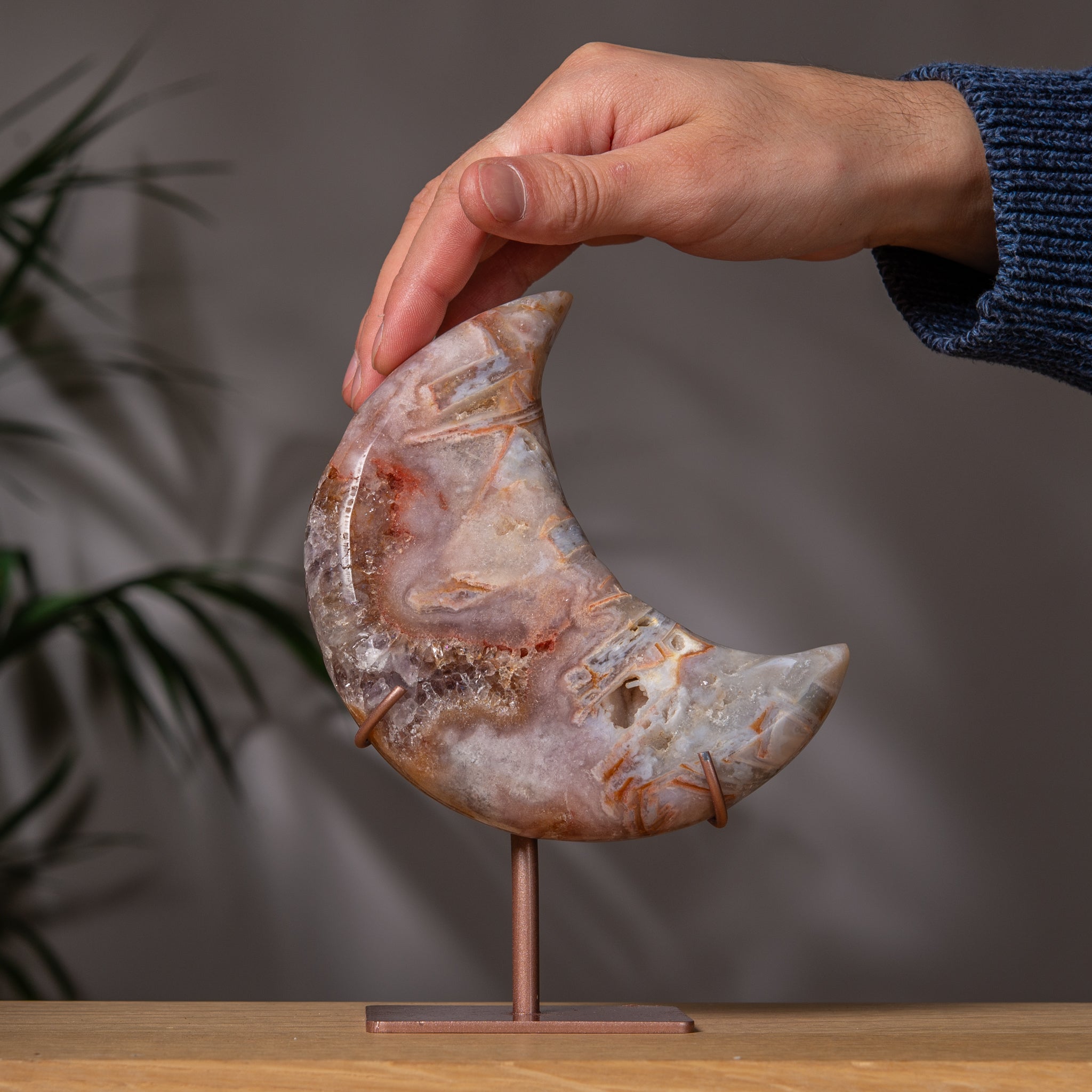 Pink Amethyst Moon on Stand with Marbled Patterns